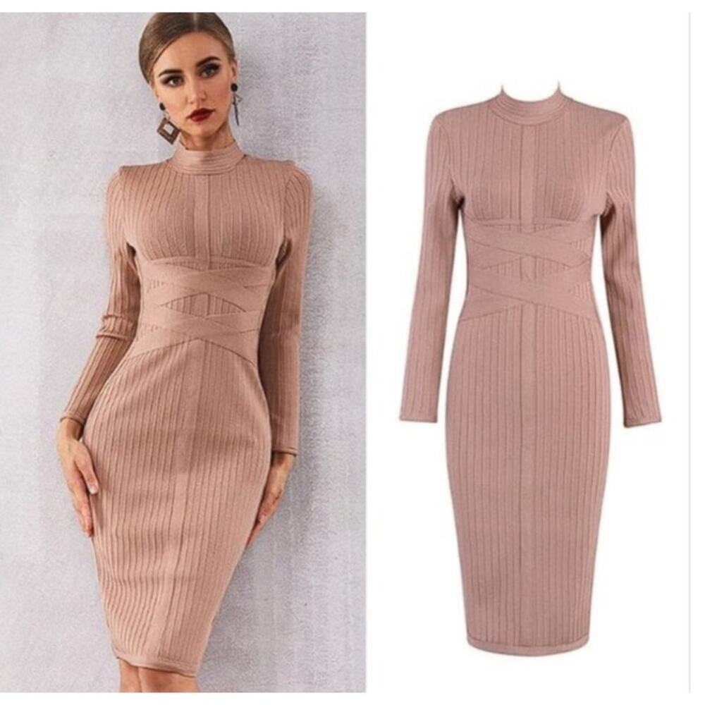 House of CB Carrera Mink Ribbed Cross Strap Bandage Bodycon Dress Medium